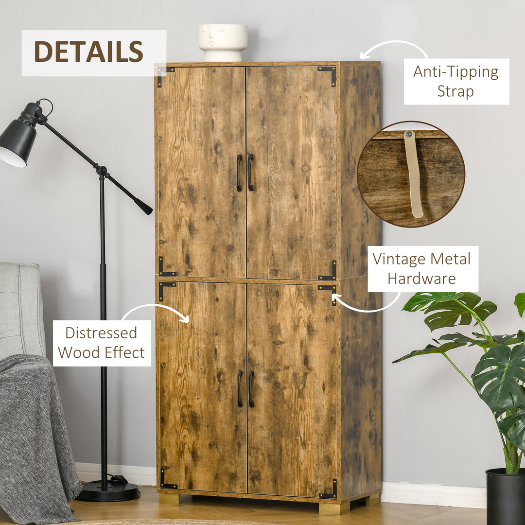 Farmhouse 4-Door Cabinet, Freestanding Tall Cupboard with Storage Shelves for Bedroom & Living Room, Rustic Wood Effect