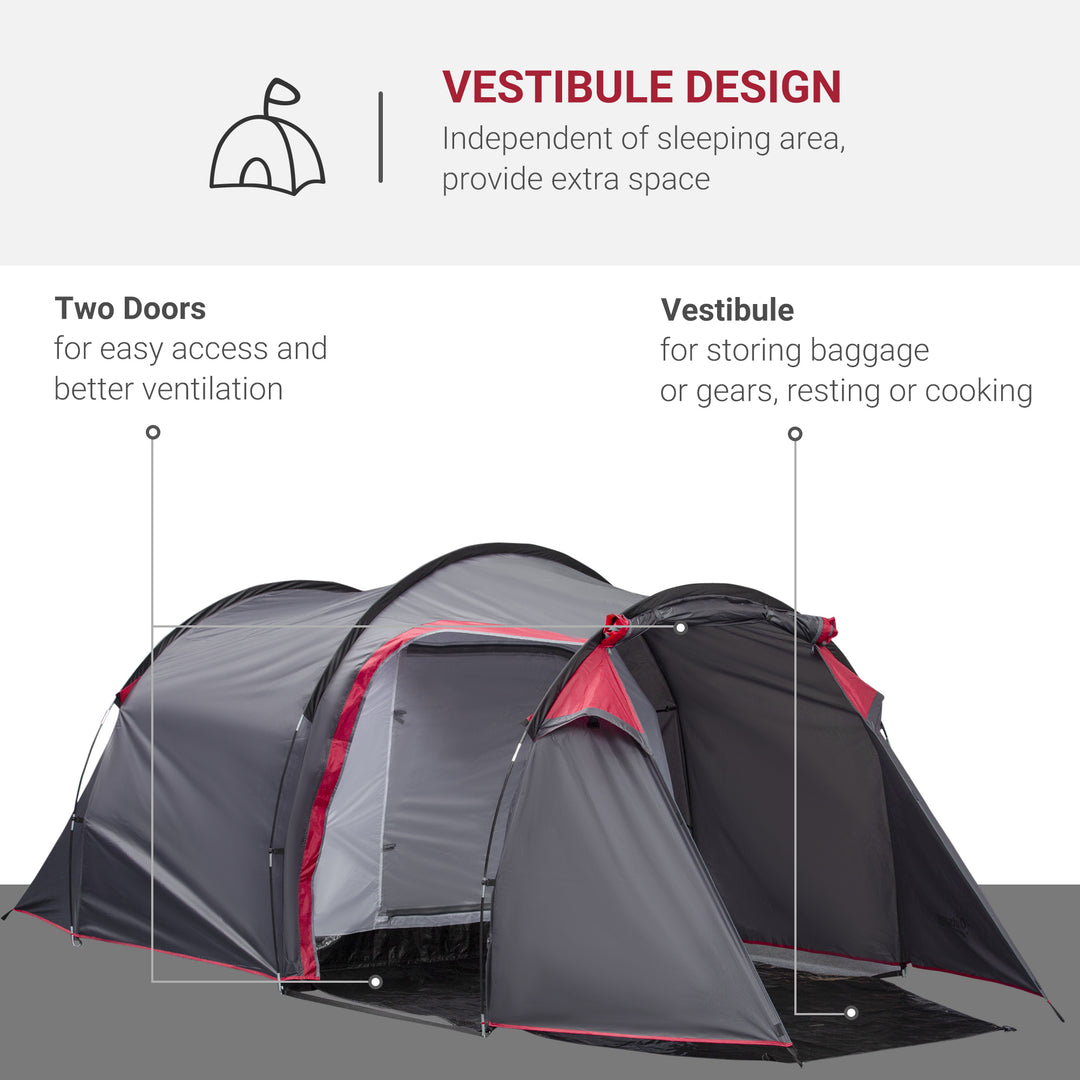 2-3 Person Tunnel Tent with Sewn-in Groundsheet, Air Vents, Rainfly, 2000mm Water Column, Camping Tent with 1 Bedroom, Inbuilt Porch, Living Area for Camping, Hiking, Grey