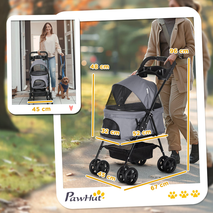 PawHut No-Zip Pet Stroller Dog Cat Travel Pushchair One-Click Fold Trolley Jogger w/ EVA Wheels Brake Basket Adjustable Canopy, Grey | Aosom UK