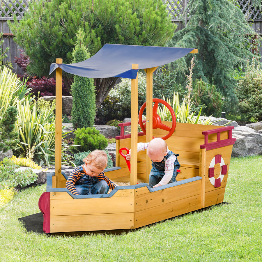 Kids Wooden Sand Pit Children Sandbox Pirate Ship Sandboat Play Station for Outdoor w/ Canopy Shade Storage Bench Bottom Liner