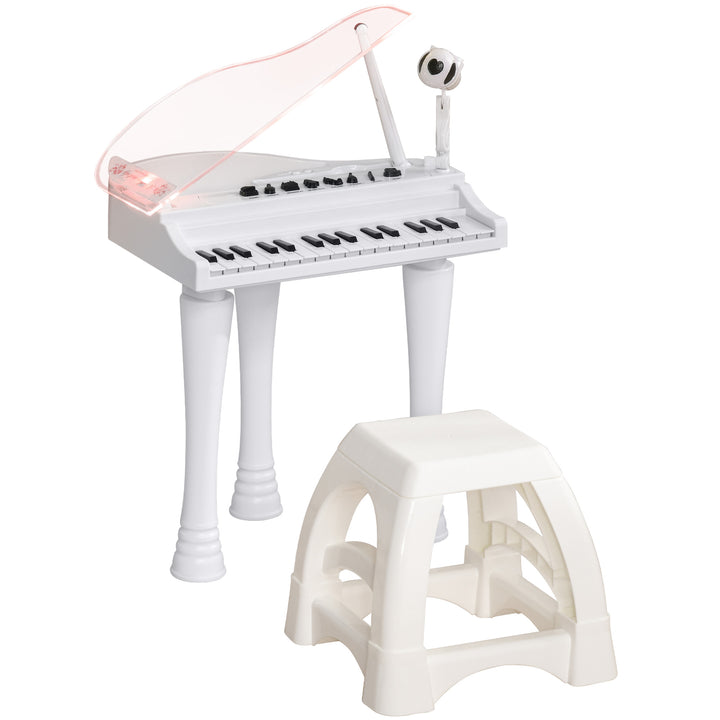 AIYAPLAY Children's 32-Key Electronic Piano Keyboard w/ Stool, Interactive Lights, Microphone, Variety of Sounds for Kids, White | Aosom UK