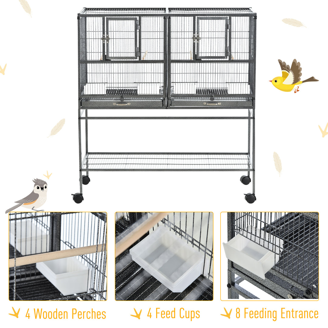 Large Bird Cage Parrot Cage with Divider, Slide Tray for Finch Canaries Parakeets Cockatiels, 95 x 45.5 x 102 cm