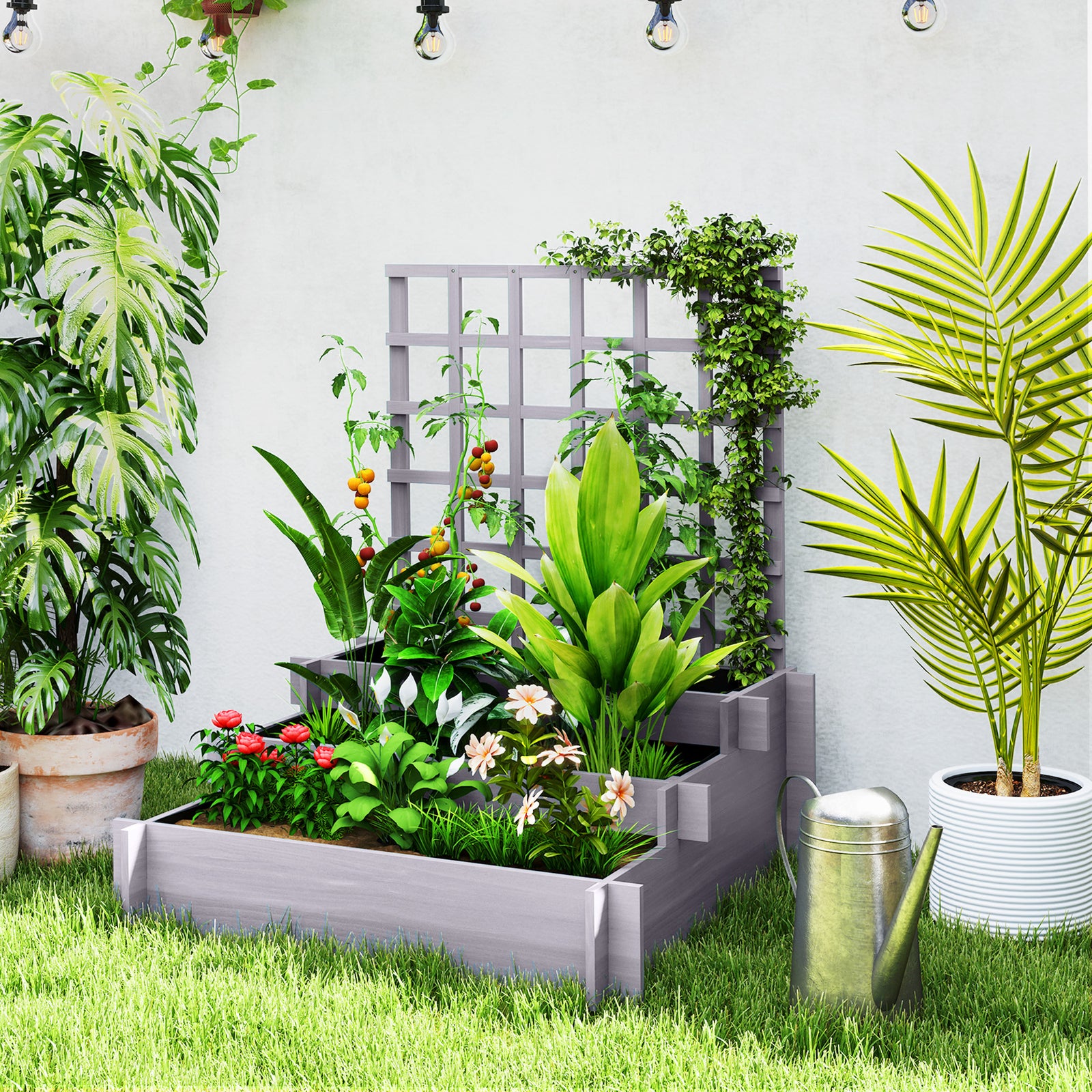 3 Tier Garden Planters with Trellis for Vine Climbing, Wooden Raised B