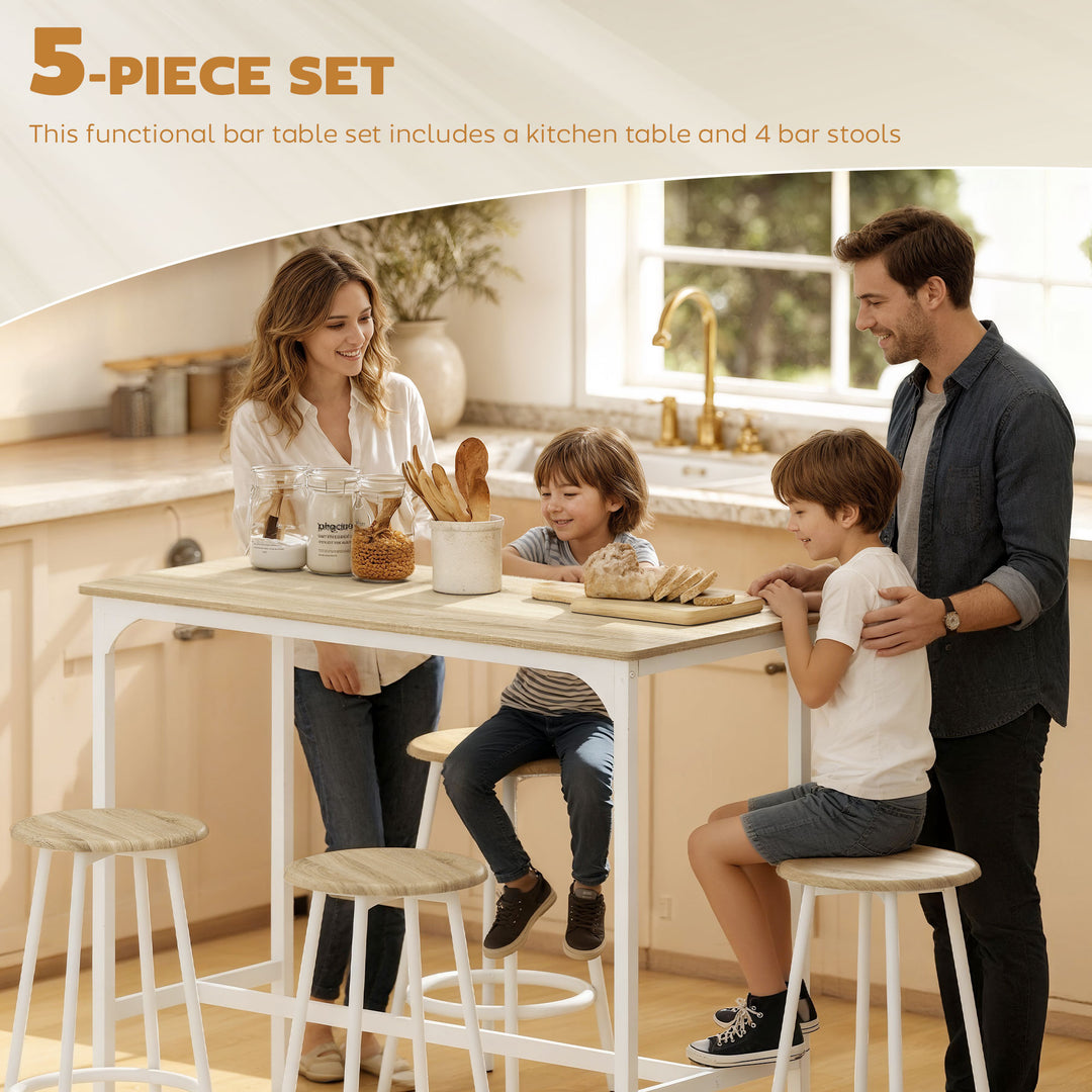 5 Piece Bar Table Set for 4 with Stools, Metal Frame, Footrest for Kit