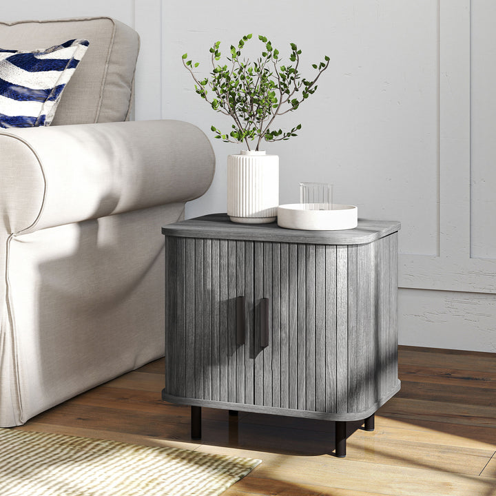 Bedside Table, Nordic Side Table with Roller Shutter Style Sliding Doors and Metal Legs for Bedroom, Living Room, Grey