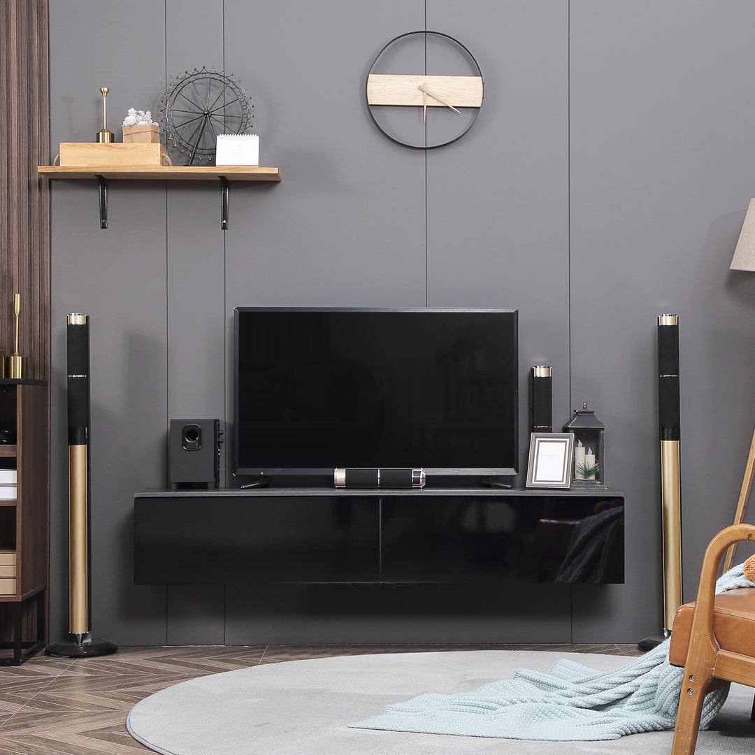 HOMCOM Floating TV Unit Stand for TVs up to 70" with High Gloss Effect, Wall Mounted Media Console with Storage Cupboards, Grey and Black