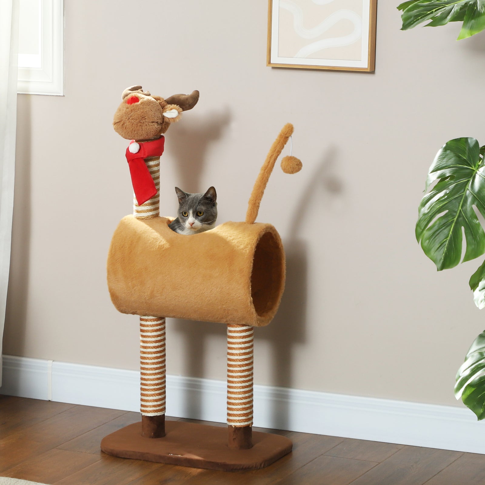 98cm Deer-Designed Cat Tree with Scratching Posts, Toy Ball, Tunnel, Brown