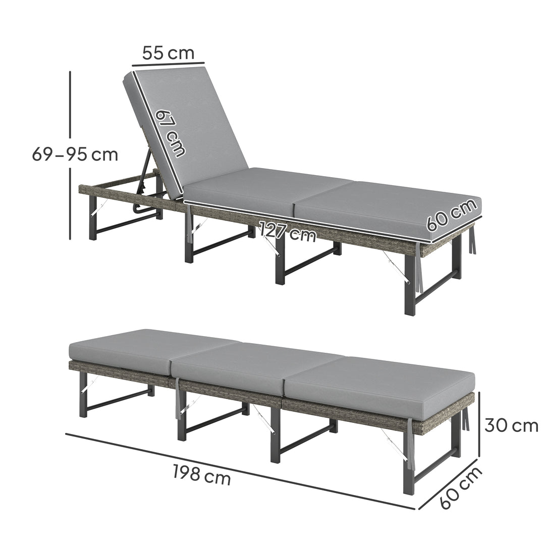 Single Folding Rattan Sun Lounger, with Cushion - Grey
