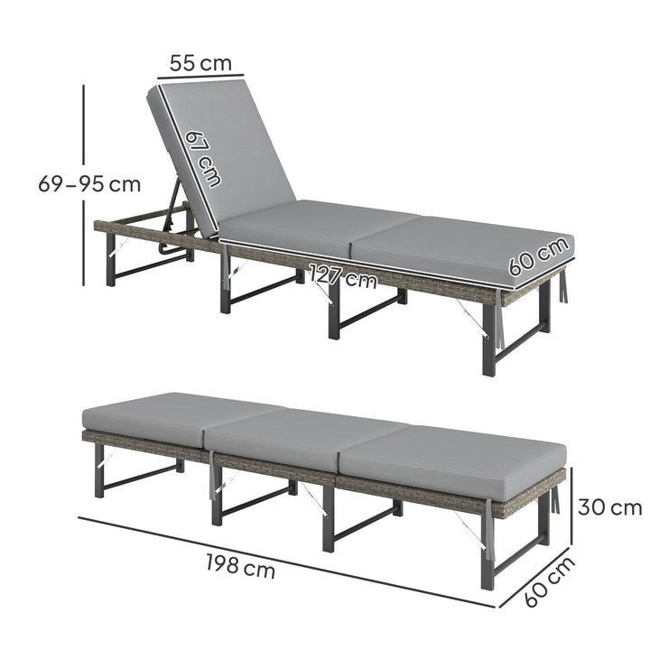 Single Folding Rattan Sun Lounger, with Cushion - Grey