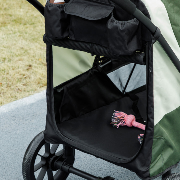Foldable Pet Stroller for Large Dogs with Four Big Wheels, Shock-Absorbing Frame, Safety Leashes, Brakes, Dark Green