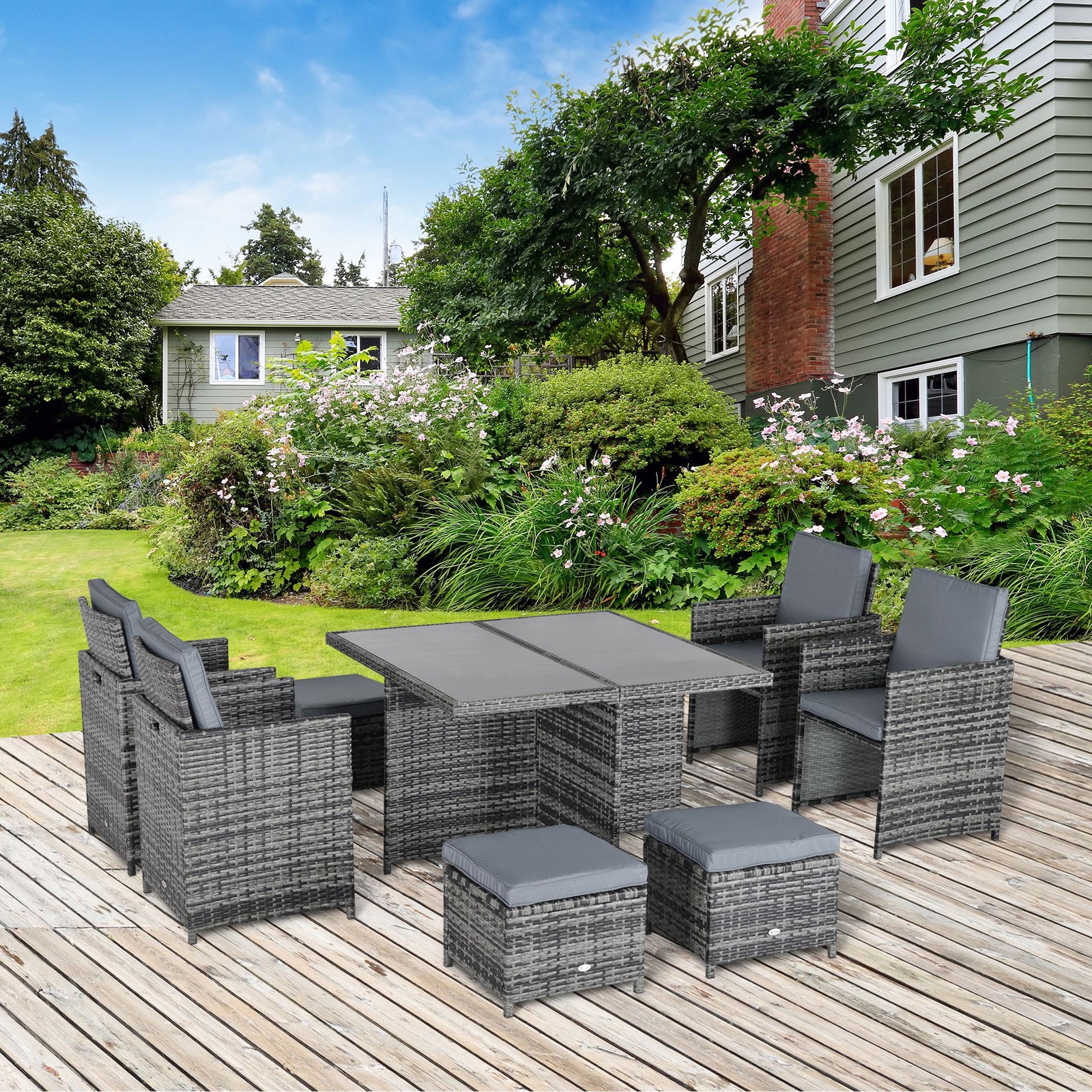 8-Seater Rattan Dining Set Garden Furniture Cushion Seat Woven Rattan Grey