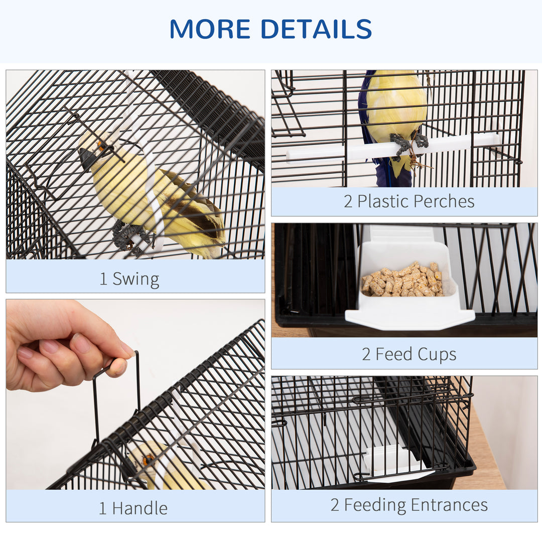 PawHut Metal Bird Cage w/ Stand, Parrot Cockatiel Budgie Finch Canary, Includes Food Containers Swing Ring Tray, Black, 39 x 33 x 47 cm | Aosom UK