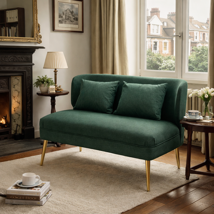 2 Seater Sofa, Linen-look Fabric Small Sofa with Wing Back, Thick Seat, Metal Legs