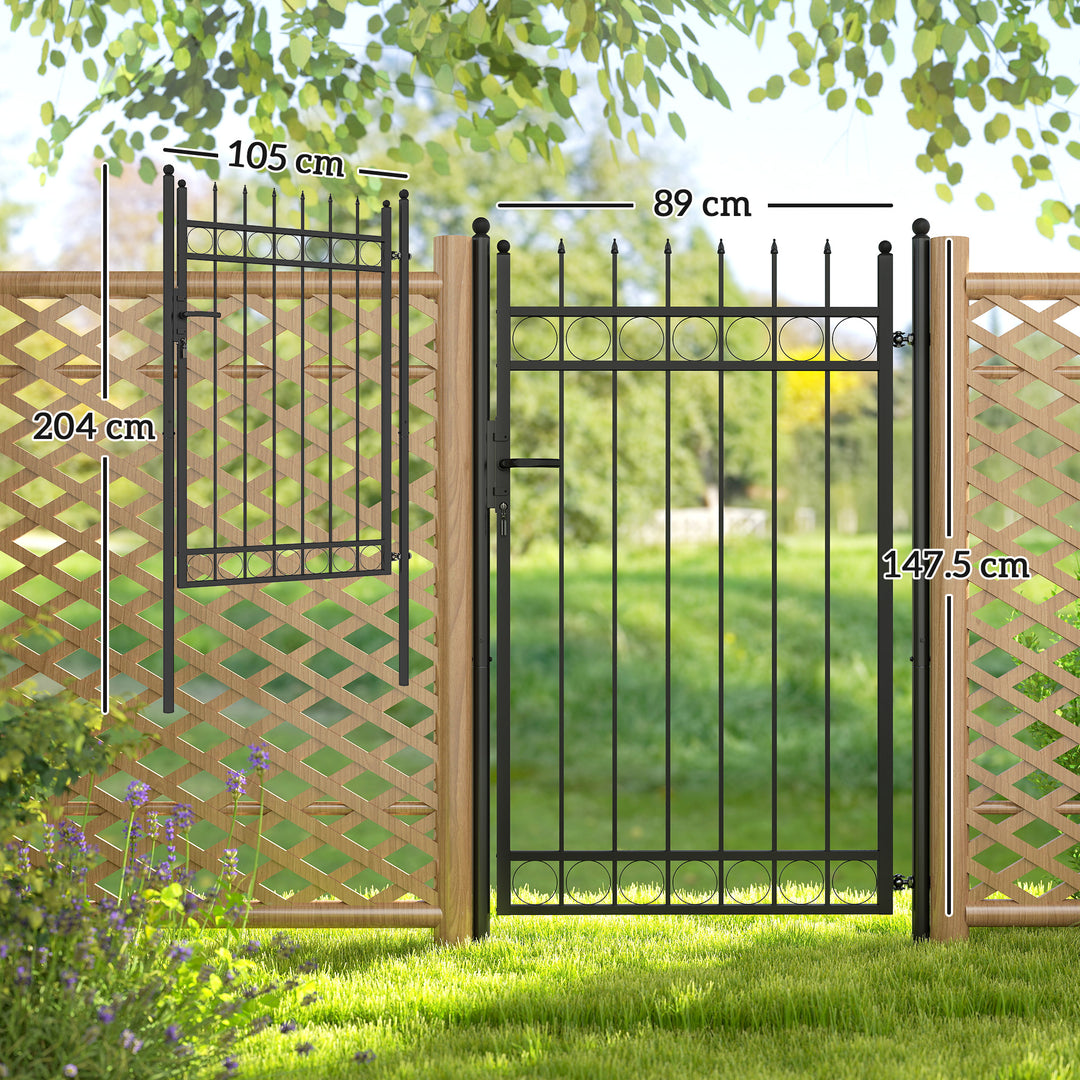 Galvanised Steel Garden Gate, Outdoor Fence Gate Security Barrier with Lock, Keys and Handle, Outdoor Entrance Way Door with Classic Finials, 105 x 204 cm, Black