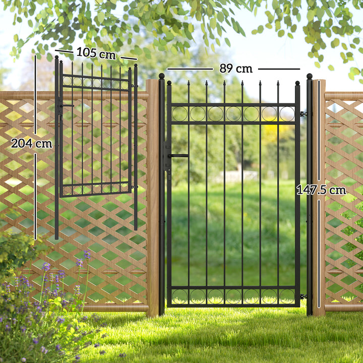 Galvanised Steel Garden Gate, Outdoor Fence Gate Security Barrier with Lock, Keys and Handle, Outdoor Entrance Way Door with Classic Finials, 105 x 204 cm, Black