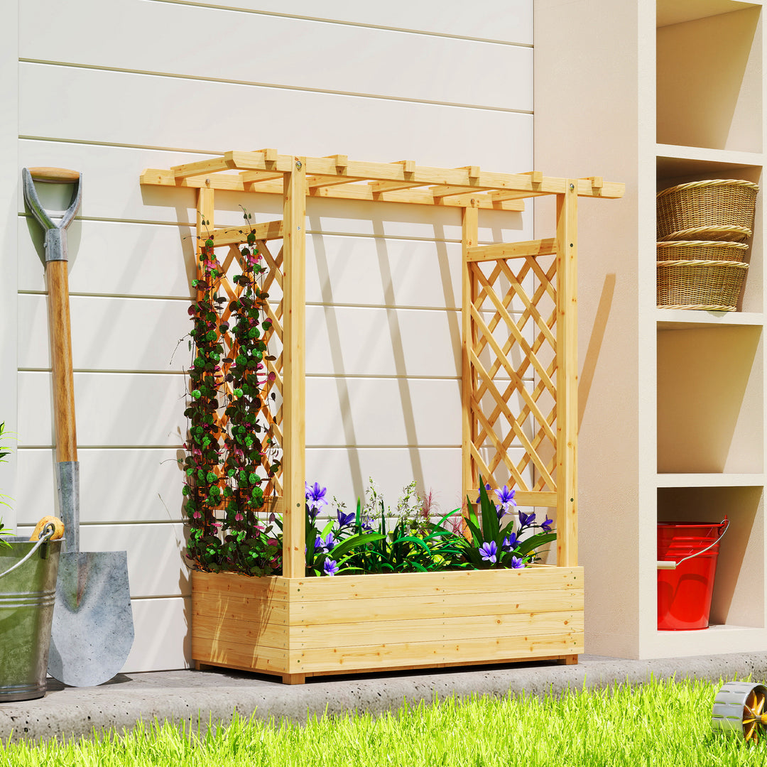 Garden Planter with Trellis, Wooden Raised Bed for Garden with Hanging Roof and Drainage Holes, Outdoor Trellis Planter Box for Vegetables, Herbs and Flowers, 110 x 44 x 113 cm