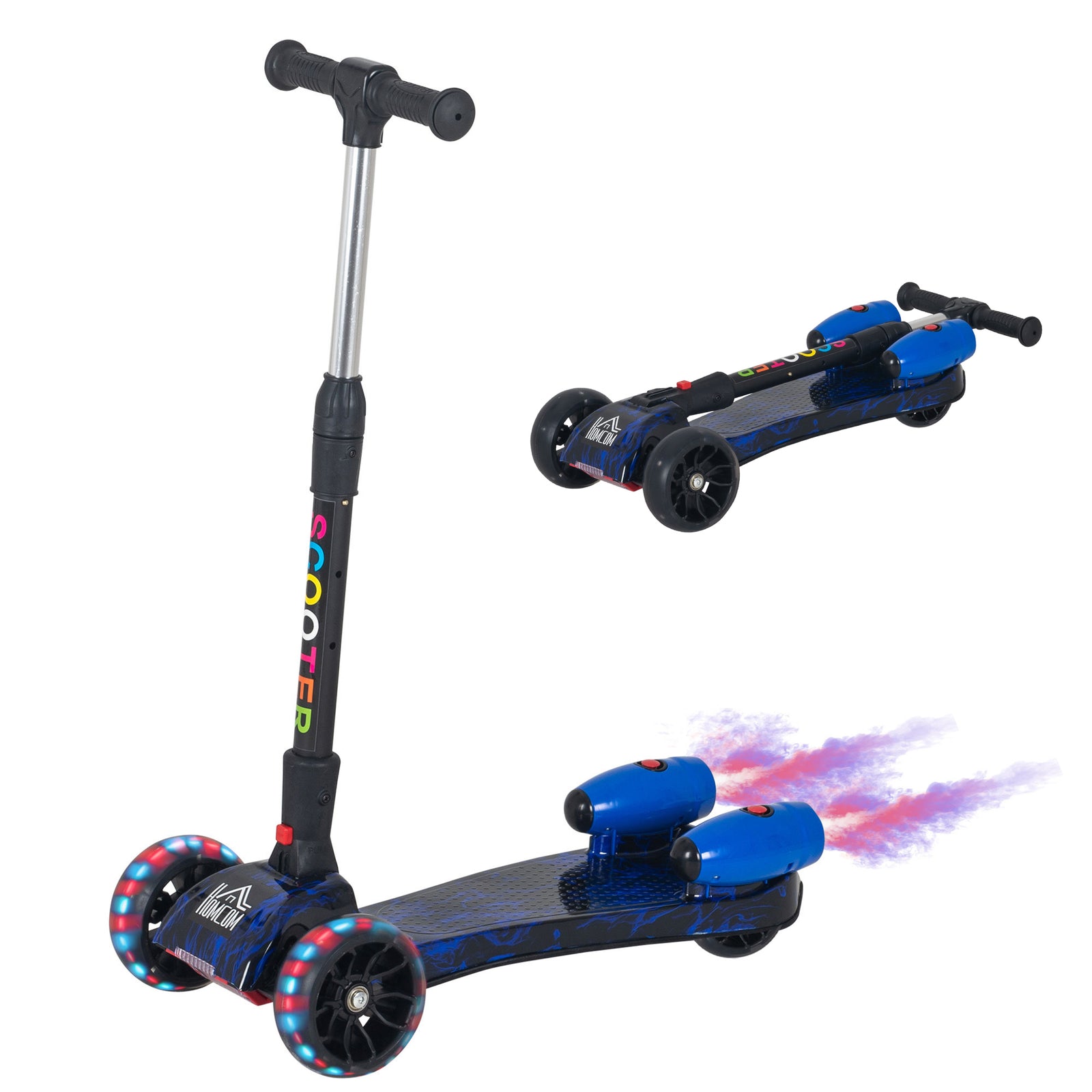 Kids Scooter, 3 Wheel Foldable Kick Scooter Adjustable Height w/ Flashing Wheels, Music, Water Spray for 3-6 Years, Blue