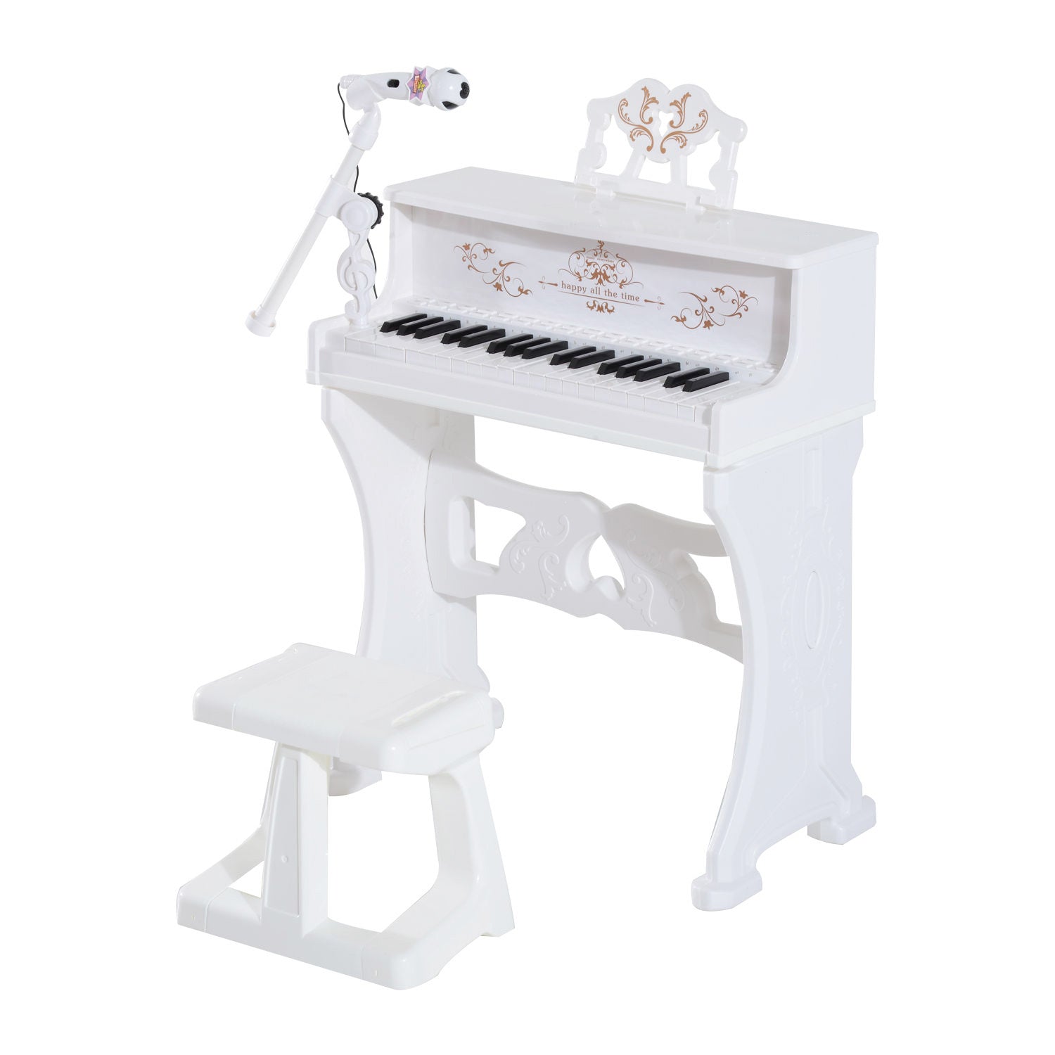 37 Keys Kids Piano Mini Electronic Keyboard Light Kids Musical Instrument Educational Game Children Grand Piano Toy Set w/Stool & Microphone & Music Stand (White)