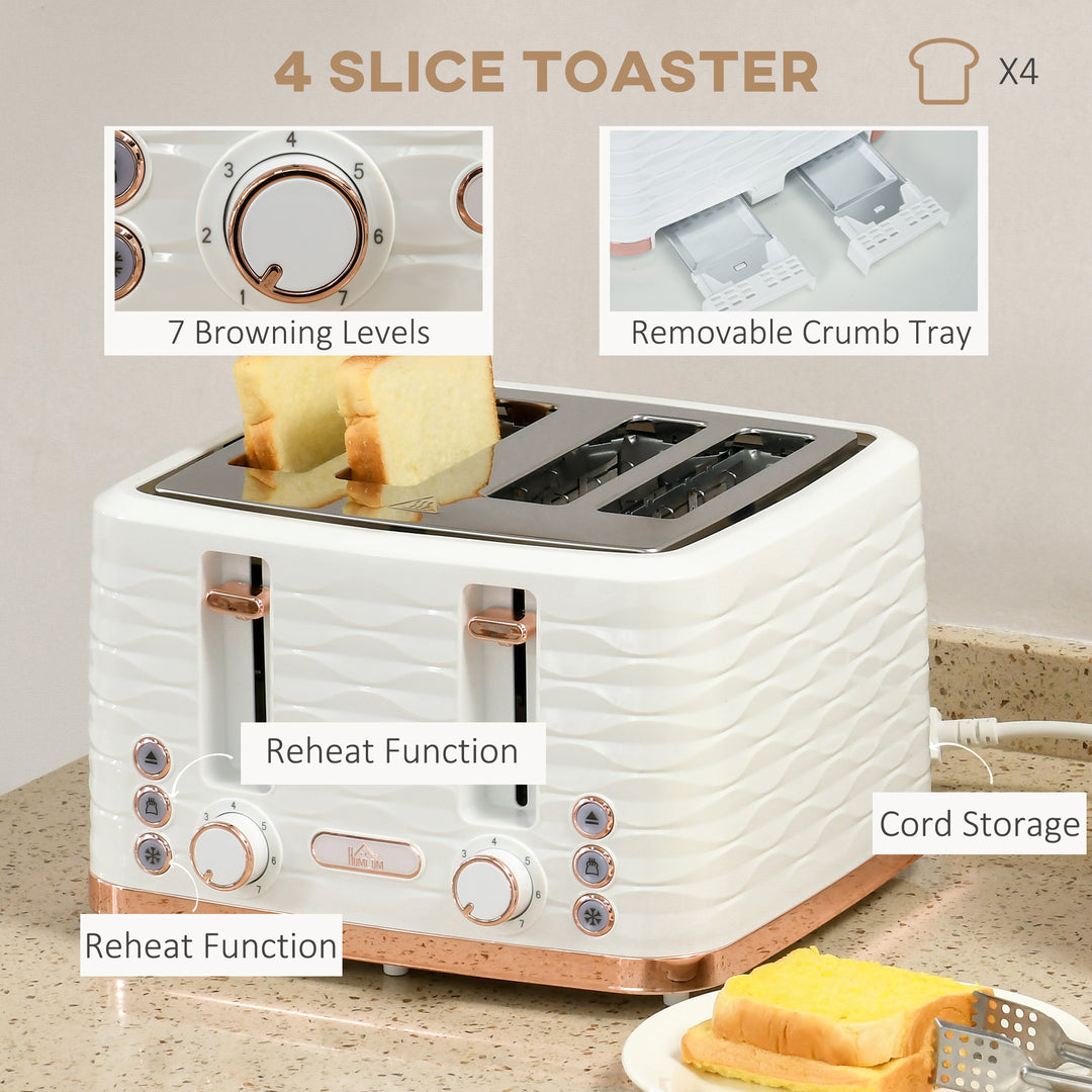 HOMCOM Kettle and Toaster Sets, 3000W 1.7L Rapid Boil Kettle & 4 Slice Toaster w/ 7 Browning Controls, Defrost, Reheat & Crumb Tray, Otter thermostat