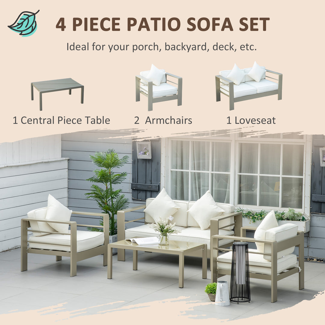 Outsunny 4 Pieces Outdoor Garden Furniture Set, Aluminium Frame Backyard Furniture w/ Thick Padded Cushioned Loveseat Glass Top Table Champagne Gold