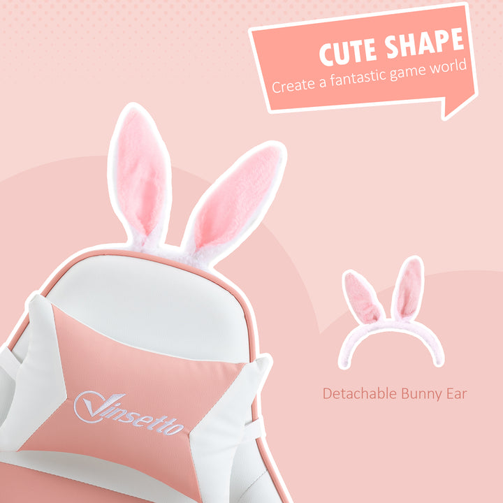 Racing Gaming Chair, Reclining PU Leather Computer Chair with Removable Rabbit Ears, Footrest, Headrest and Lumber Support, Pink