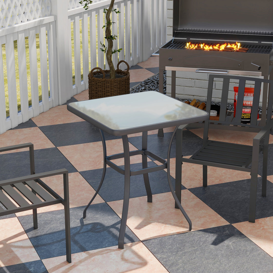 Square Garden Table, Outdoor Coffee Table with Tempered Glass Top, Bar Bistro Dining Table, Metal Frame for Patio, Balcony, 68.5 x 68.5 x 84cm
