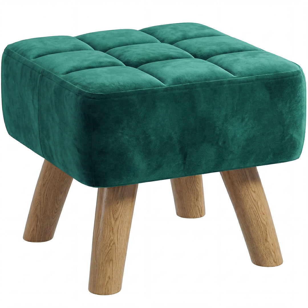 Linen-Look Square Padded Footstool - Dark Green