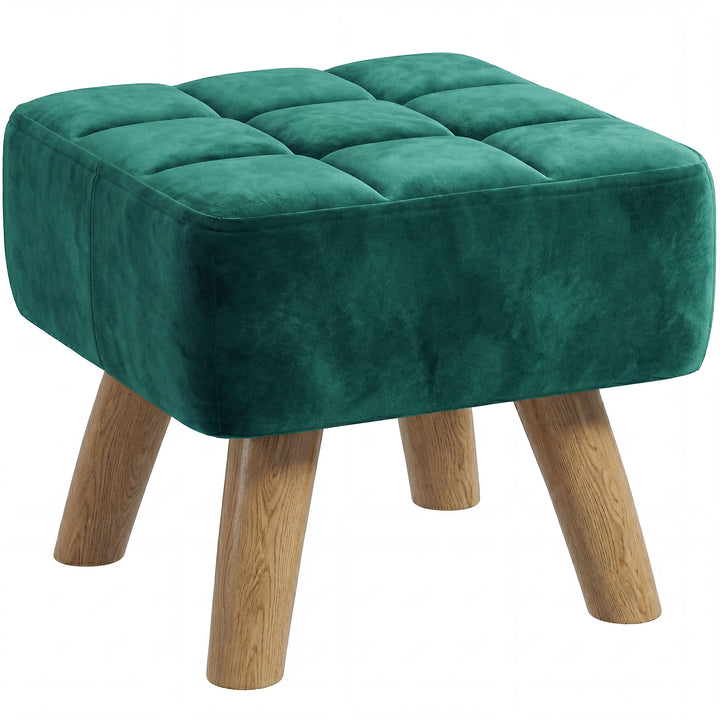 Linen-Look Square Padded Footstool - Dark Green