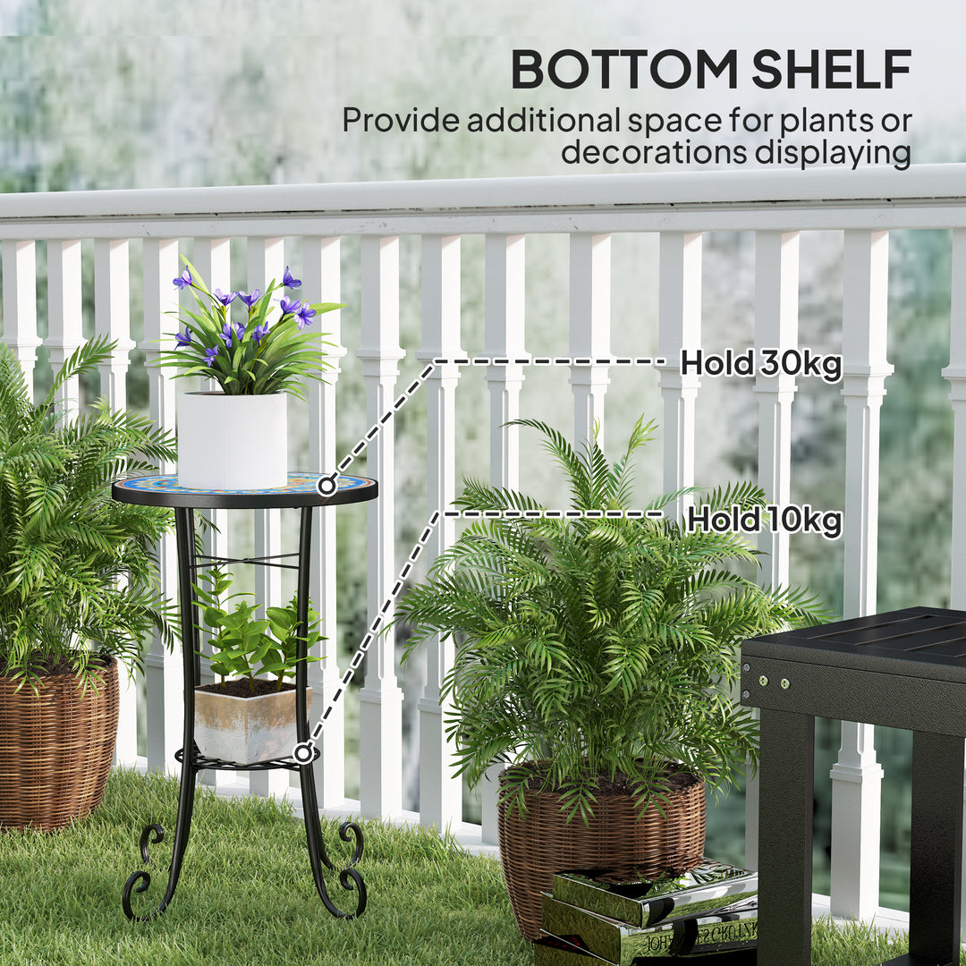 Mosaic Garden Table, 35.5 cm Round Outdoor Table with Shelf, Ceramic Tile Top, Small Garden Side Table Bistro Table End Table Plant Stand for Indoor, Patio, Balcony, Blue