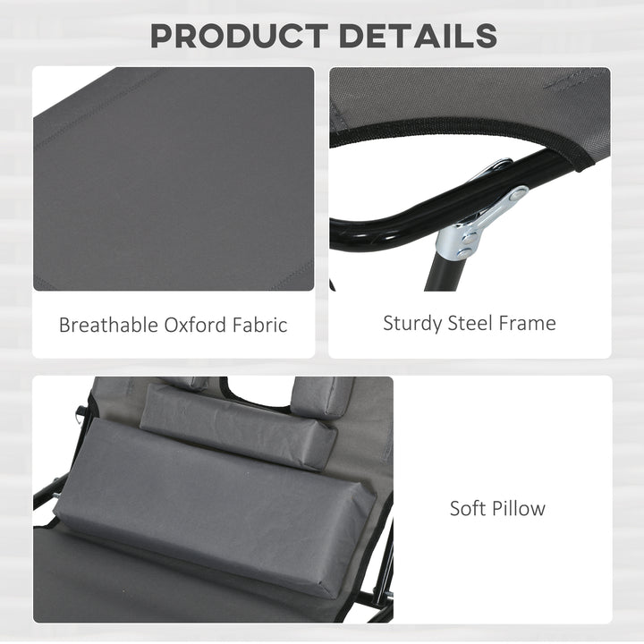 Outdoor Folding Sun Lounger Set of 2 with Face Hole, 4 Level Adjustable Backrest Reclining Garden Lounger, Garden Recliner Sunbed with 600 D Oxford Cloth Seat and Pillow for Beach, Dark Grey