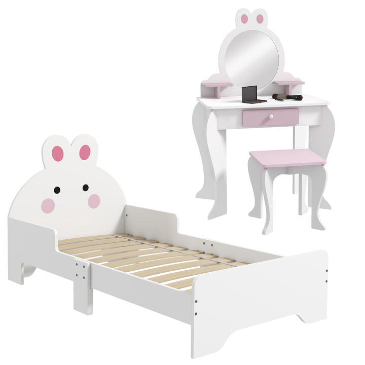 ZONEKIZ Kids Bedroom Furniture Set, Wooden with Dressing Table, Stool, Bed, Bunny-Design, for 3-6 Years | Aosom UK