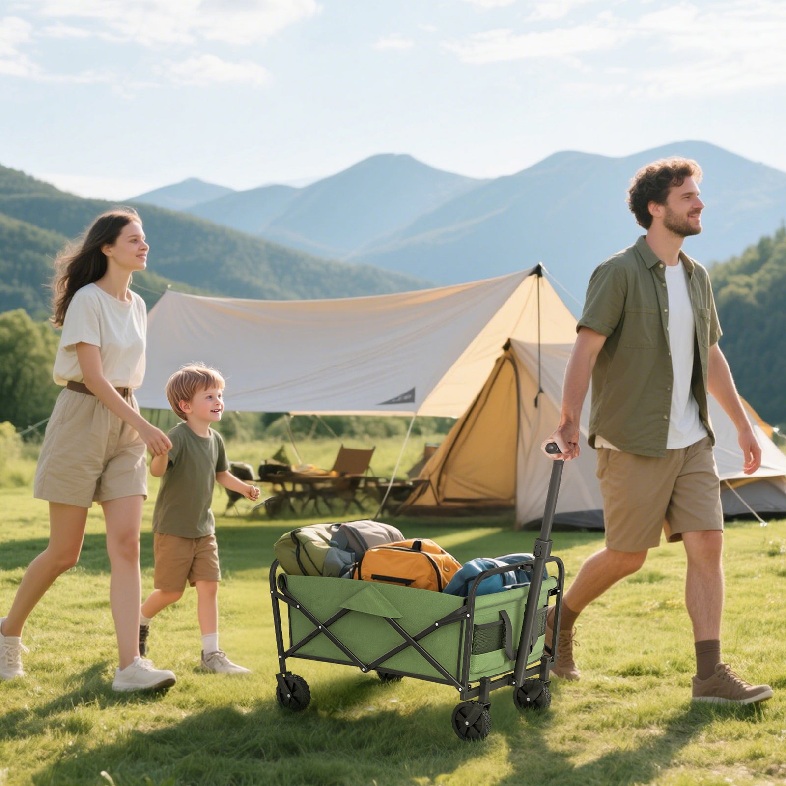 62L Festival Trolley on Wheels, Garden Folding Trolley Cart, 120kg Heavy Duty Collapsible Folding Wagon with Adjustable Handle and Carrying Bag for Beach, Camping, Festival, Green