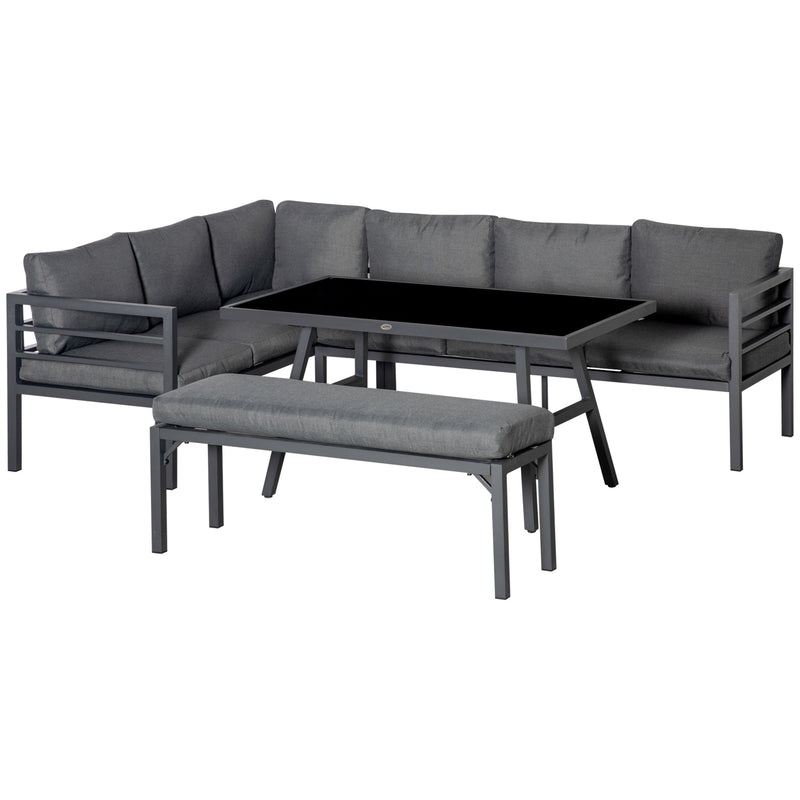 MCL 4 Piece L-shaped Garden Furniture Set 8-Seater Aluminium Outdoor Dining Set Conversation Sofa Set w/ Bench, Dining Table & Cushions, Grey