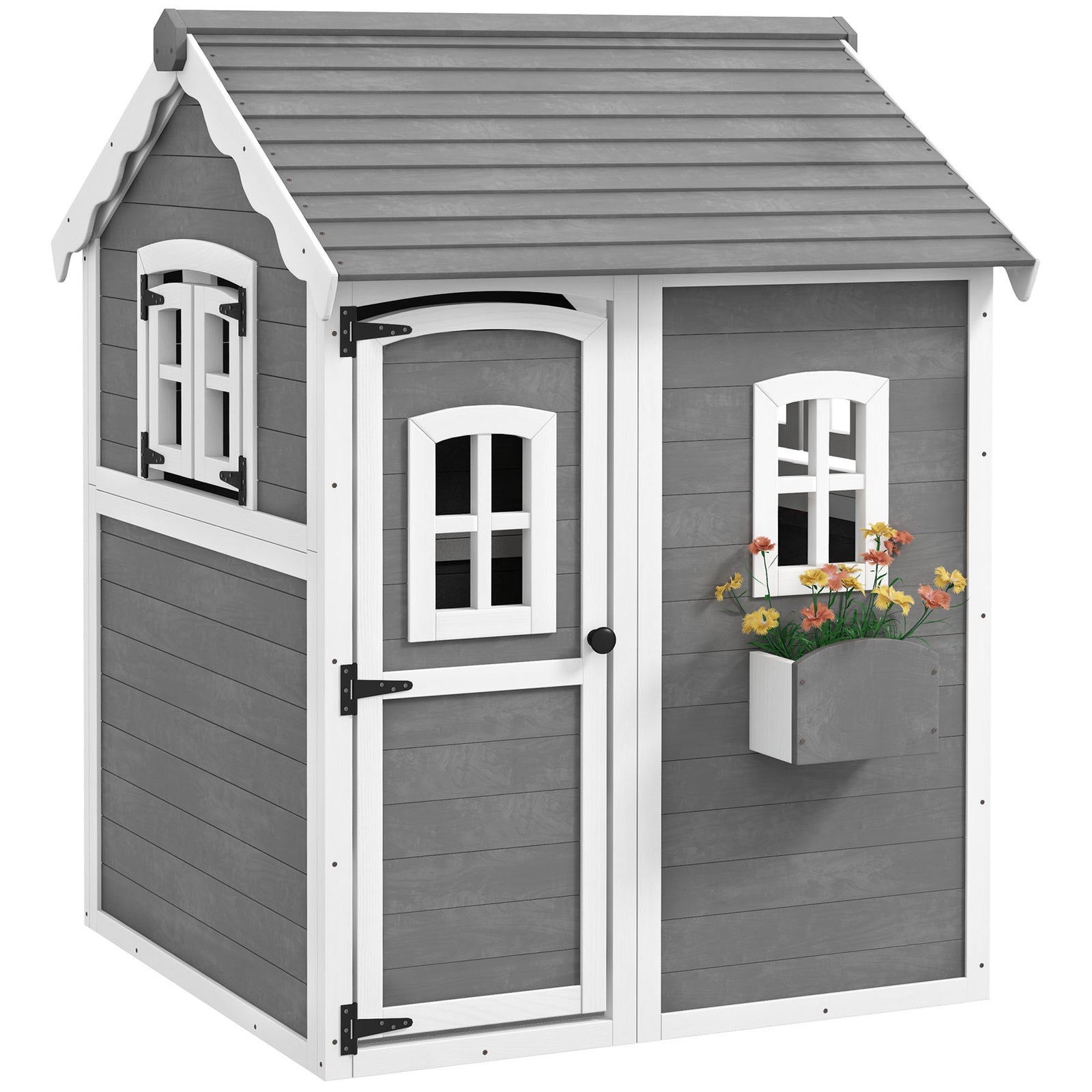 Wooden Playhouse for Kids with Doors, Windows, Plant Box, Floors, for Ages 3-8 Years, for Gardens, Lawns, Patios - Grey
