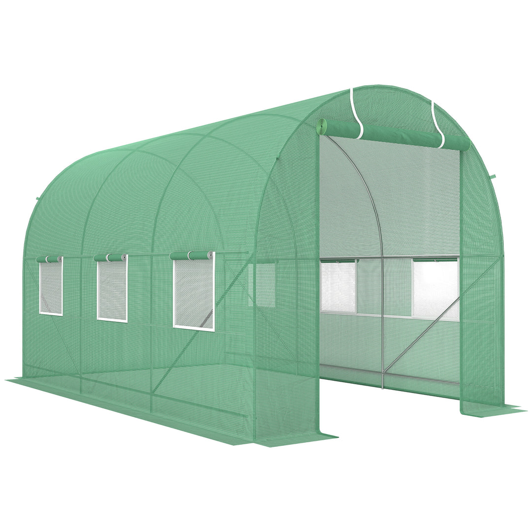 MCL 3.5 x 2m Walk-In Polytunnel Greenhouse, with Steel Frame, PE Cover, Roll-Up Door and 6 Windows, Green