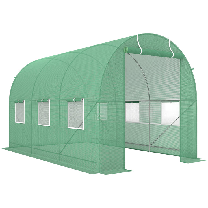 MCL 3.5 x 2m Walk-In Polytunnel Greenhouse, with Steel Frame, PE Cover, Roll-Up Door and 6 Windows, Green