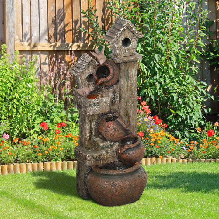 2-in-1 Waterfall Fountain with Birdhouse, Resin Garden Water Fountain with LED Lights Pump, Cascading Garden Water Feature with Tree Trunk Design, Multi-colour