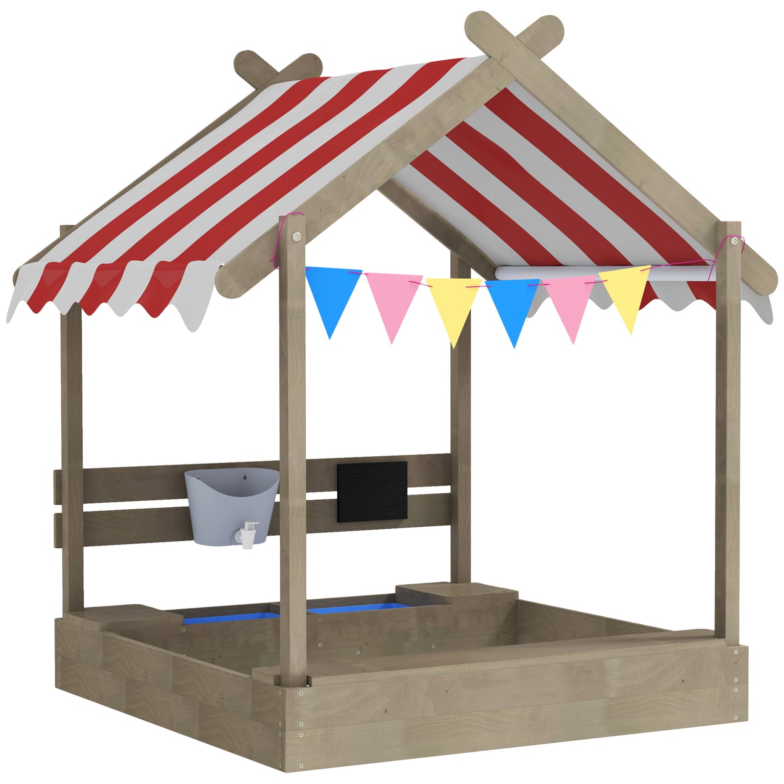 House-Designed Wooden Sandbox, Outdoor Sandpit, with Blackboard, Toys, Sink, Seats, Flags, for Ages 3-7 Years - Grey