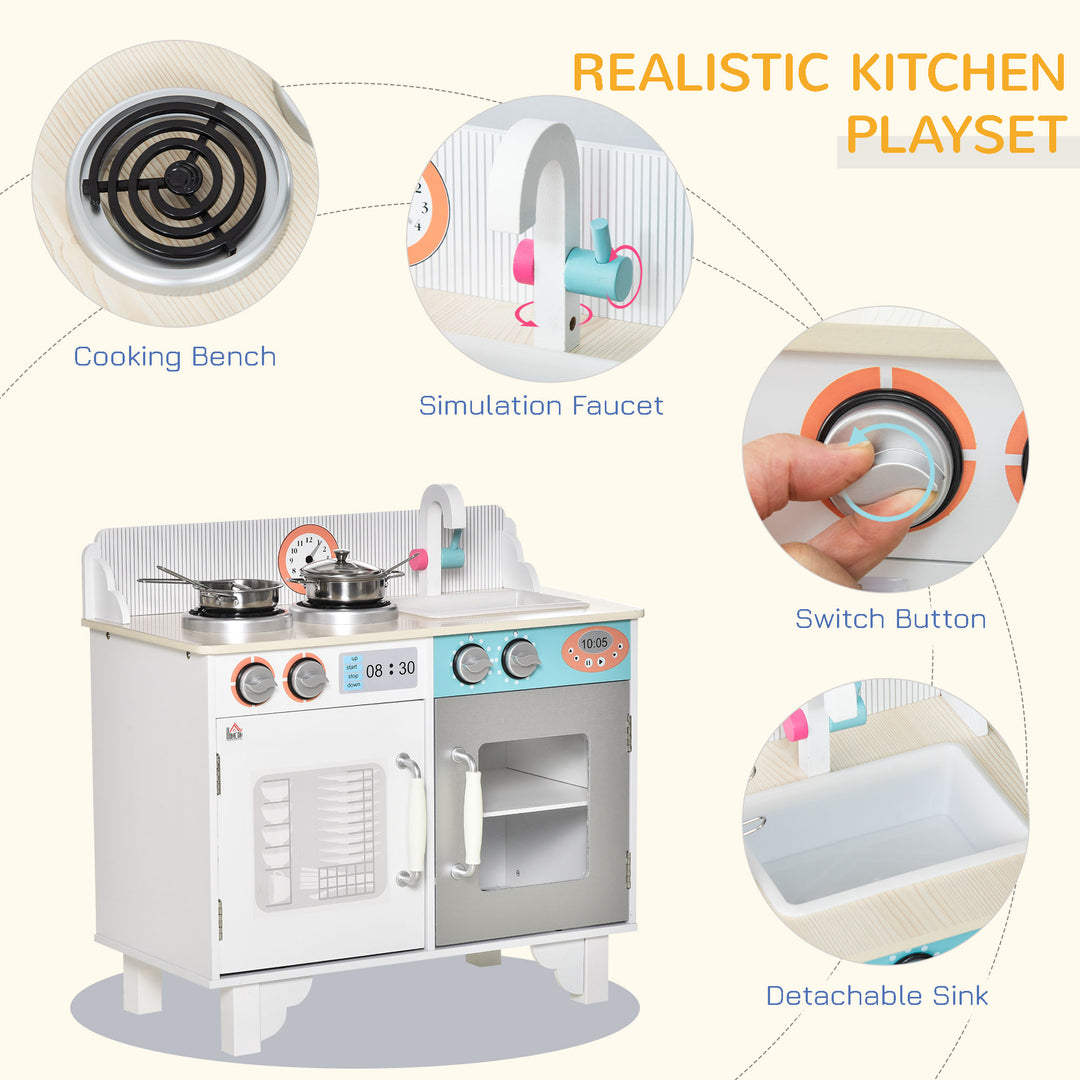 Two Kids Wooden Toy Kitchen Play Cooking Set Pretend Role Playset, with Sink, Telephone, Storage Basket, for 3-6 Years Old