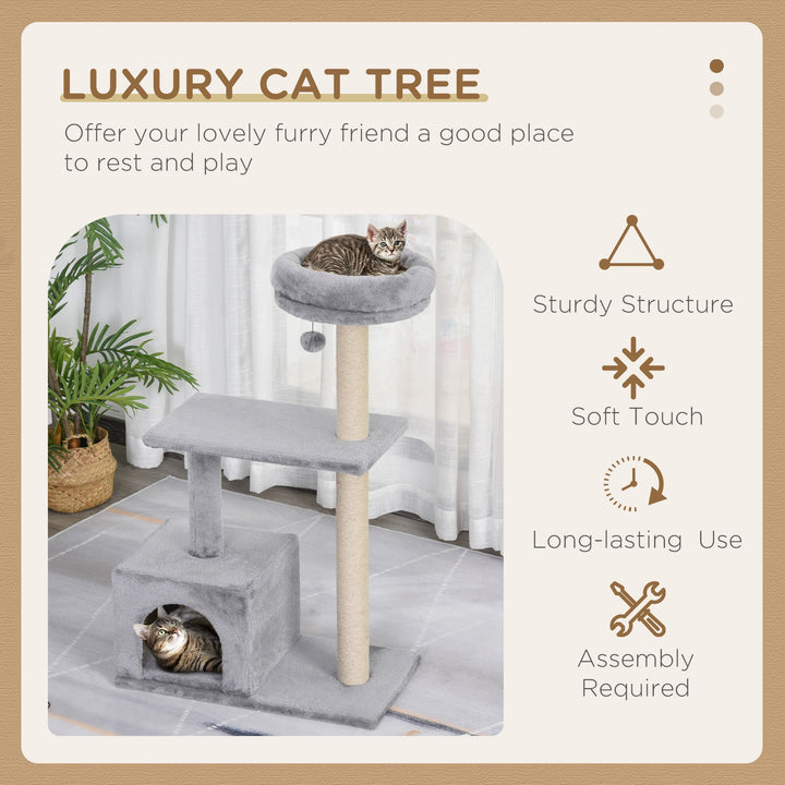 96cm Cat Tree for Indoor Cats Condo Sisal Scratching Post Cat Tower Kitten Play House Dangling Ball Activity Center Furniture Grey