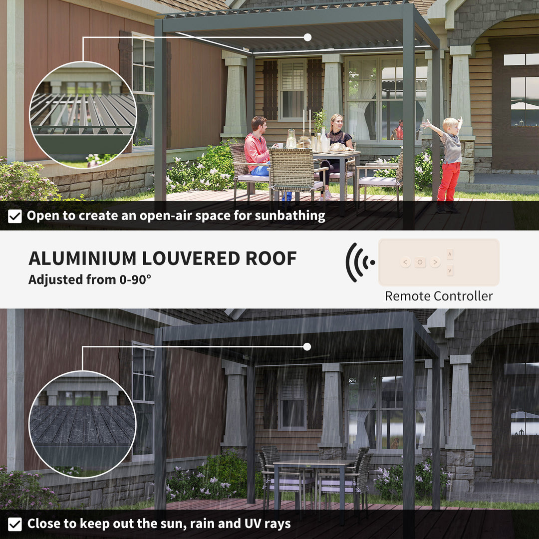 3 x 3(m) Electric Louvered Pergola with LED Lights, Aluminium Pergola Hardtop Gazebo with Remote, Adjustable Roof and Drainage System, Water and UV Proof