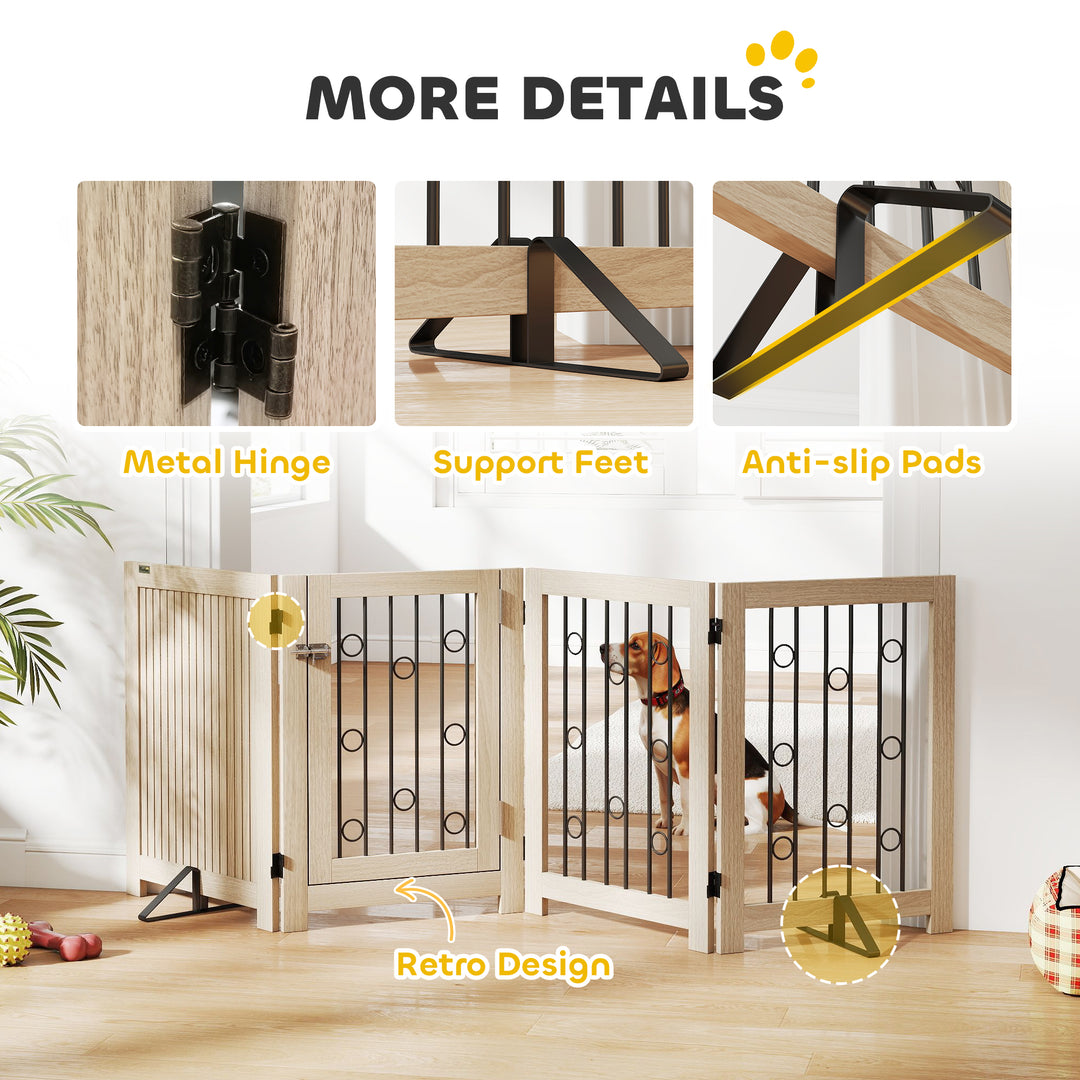 MCL 4 Panel Freestanding Pet Gate, Indoor Dog Barrier with Lockable Door, Support Feet, 360° Flexible Hinges, Oak