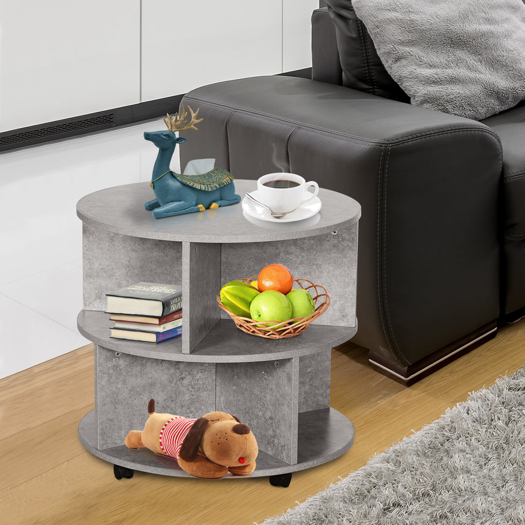 HOMCOM 2 Tier Round Side End Table Coffee Desk with Divided Shelves Tea Table Storage Unit Living Room Organiser with Wheels - Cement colour