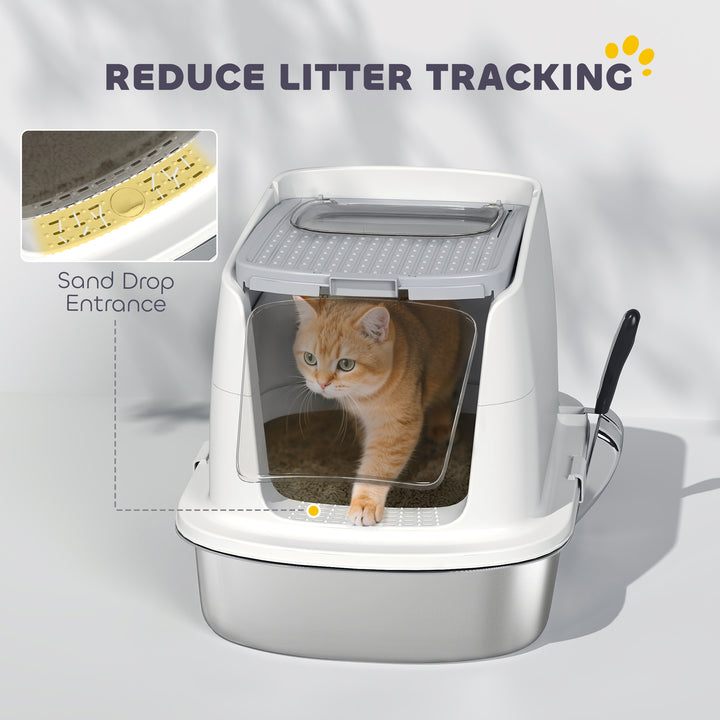 Large Stainless Steel Litter Box, Enclosed Metal Cat Litter Tray with Scoop, Deodoriser Bag, Front-Entry and Top-Exit
