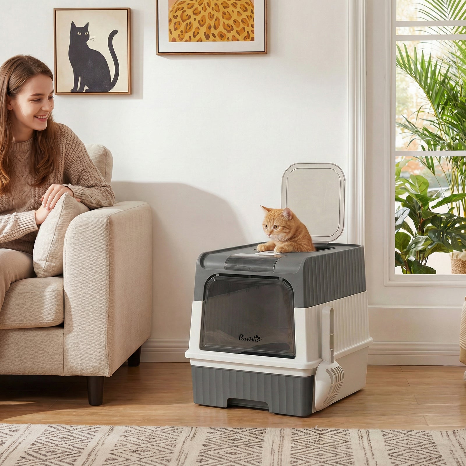 Enclosed Cat Litter Box with Lid, Pull-Out Drawer Tray, Scoop, 4 Deodo