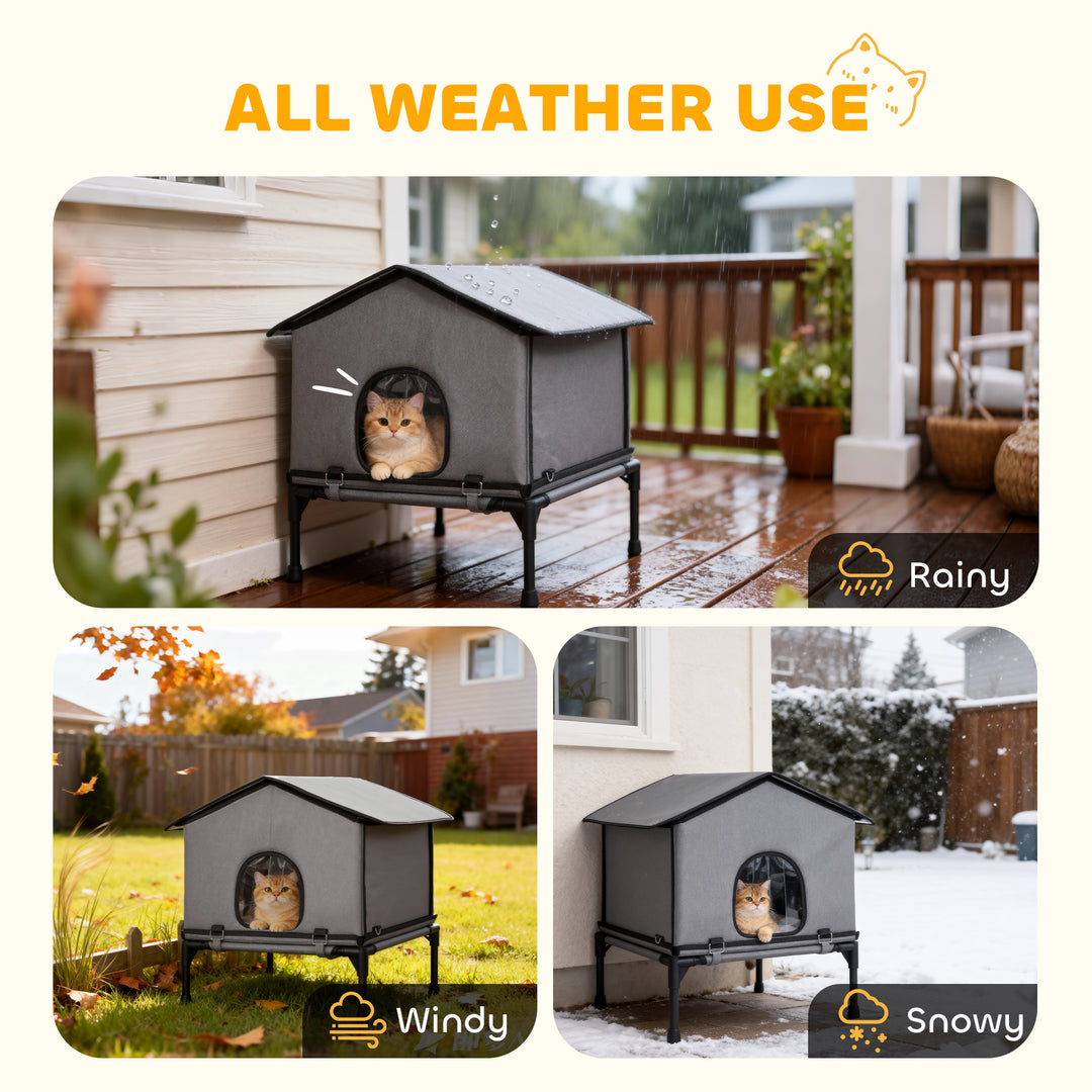 MCL Outdoor Cat House, Waterproof Insulated Cat Kennel with Elevated Base, Foldable Feral Kitty Shelter for Kittens, Grey