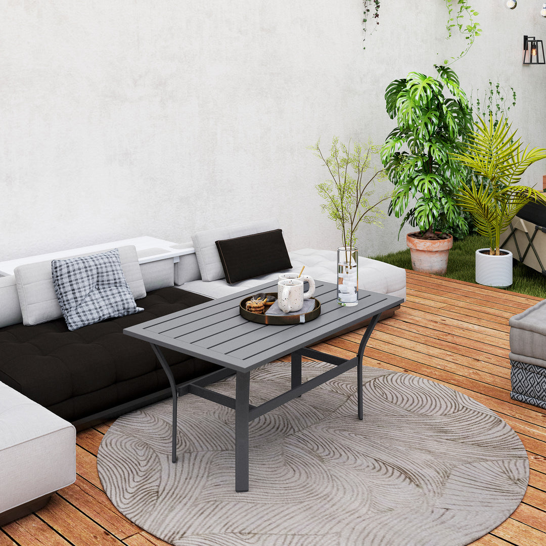 Metal Garden Coffee Table, Rectangular Outdoor Side Table with Slatted Tabletop, Foot Pads for Outside, Garden, Balcony, Porch, 91.5 x 55 x 45cm, Dark Grey
