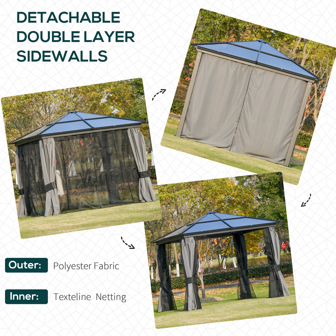 3 x 3(m) Hardtop Gazebo Canopy with Polycarbonate Roof, Aluminium Frame, Permanent Pavilion Garden Gazebo with Netting and Curtains for Patio, Deck, Dark Grey