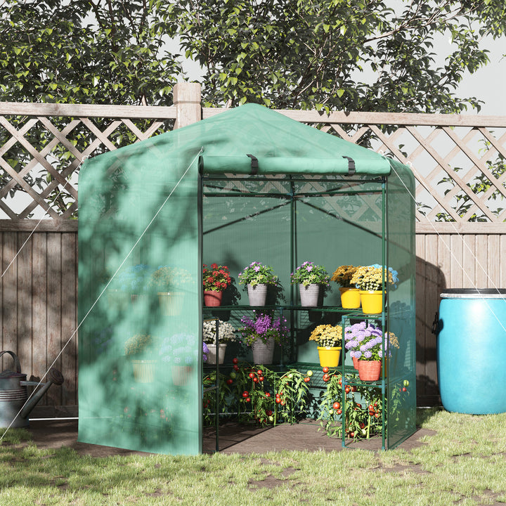 Outsunny  Hexagon Walk In Garden Greenhouse PE Planter Flower Growth with Zipped Door 225 x 194 x 215H cm