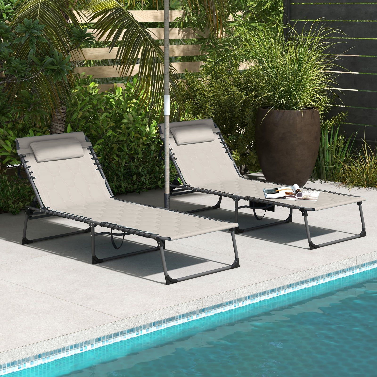 Set of Two Sun Loungers, with Five-Position Reclining Backs - Khaki